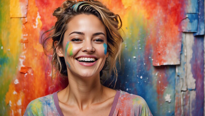 happy laughing artist woman with dirty face of colors over very colorful artistic background with copy space like concept of joy, happiness, optimism and art - obrazy, fototapety, plakaty