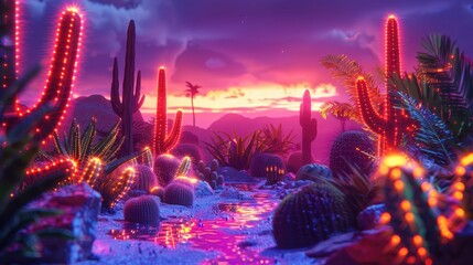 Neon desert oasis with cacti lights and earthy tones - obrazy, fototapety, plakaty