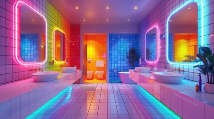 Neon-infused bathroom with backlit mirrors and colorful tiles - obrazy, fototapety, plakaty