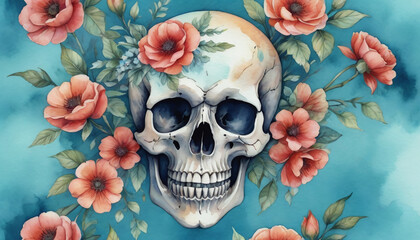 Watercolor Illustration Of Decorative Skull With Flowers On Azure Background