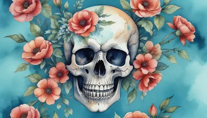 Crédence de cuisine en verre imprimé Crâne aquarelle Watercolor Illustration Of Decorative Skull With Flowers On Azure Background