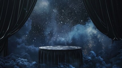 Enchanting Stage with Cosmic Backdrop and Celestial Curtain Drapes
 - obrazy, fototapety, plakaty