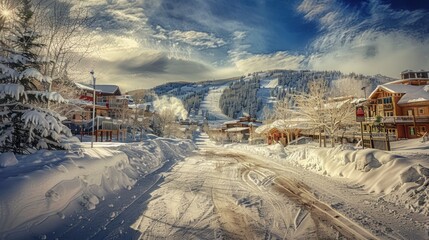 Winter cityscape, snow-covered slopes and alpine vistas create a scene of serene beauty.