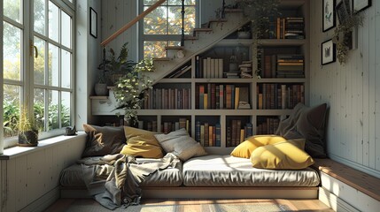 A cozy nook under the stairs, filled with pillows and a small library of favorite novels
