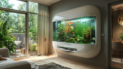 A futuristic, wall-mounted fish tank with automated feeding and cleaning systems in a modern living room