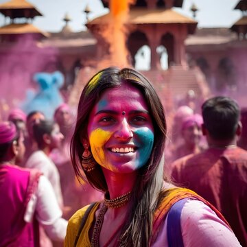 Portrait of a smiling young woman with multi-colour holi powder on her face in sunlight by ai generated