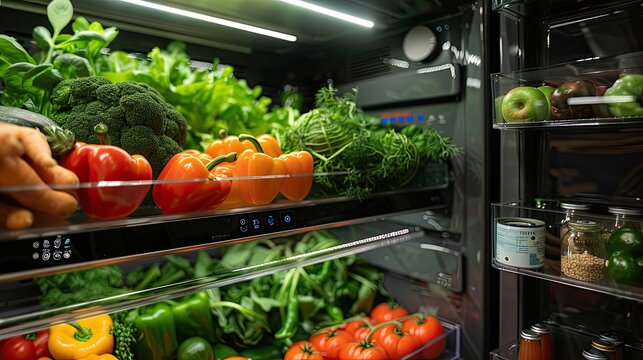 A high-tech, touchscreen refrigerator filled with fresh produce