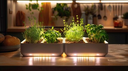 A smart indoor herb garden with LED grow lights - obrazy, fototapety, plakaty