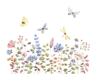 Floral wildlife border with abstract wildflowers, plants, butterflies and dragonfly blue, pink and green colors. Watercolor isolated illustration, garden print. - 764121224