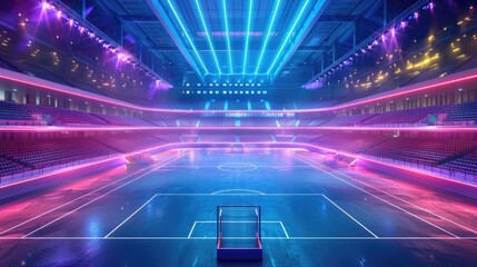A vibrant sports arena with neon athletic themes and spectator seating - obrazy, fototapety, plakaty