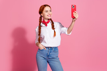 Photo of cheerful redhair girl trendy clothes recording video webcam talk conversation modern...
