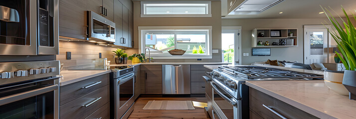Elegant and Cozy JQ Kitchen Design with Stainless Steel Appliances and Brown Wood Finish - obrazy, fototapety, plakaty