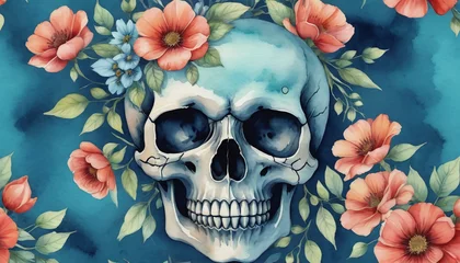 Crédence de cuisine en verre imprimé Crâne aquarelle Watercolor Illustration Of Decorative Skull With Flowers On Azure Background