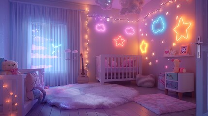 Dreamy neon nursery with whimsical lights and gentle colors