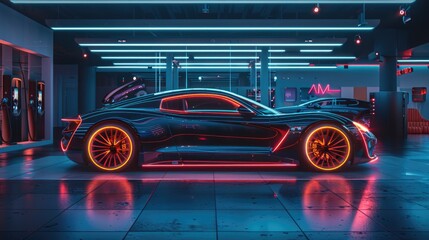 Electric vehicle showroom with neon outlines and innovative designs