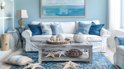 Coastal living room with light blue colors and seashell decor