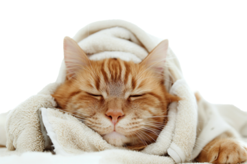 Cute cat wrapped in a towel after bathing isolated on transparent background