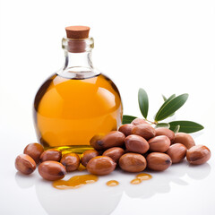 Bottle or flask of argan oil and argan seeds or fruits, isolated on white background. 