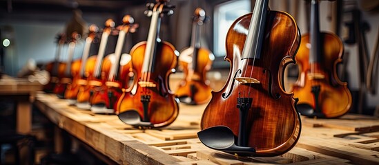 A close-up image showing a collection of violins lined up neatly on a rustic wooden table