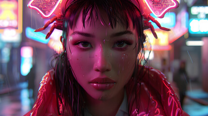 This unique artwork features a girl with neon lobster figures in a vibrant digital cityscape