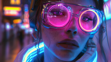 Long strands of hair catch the vivid reflections of neon lights in an intriguing display of night scene and style