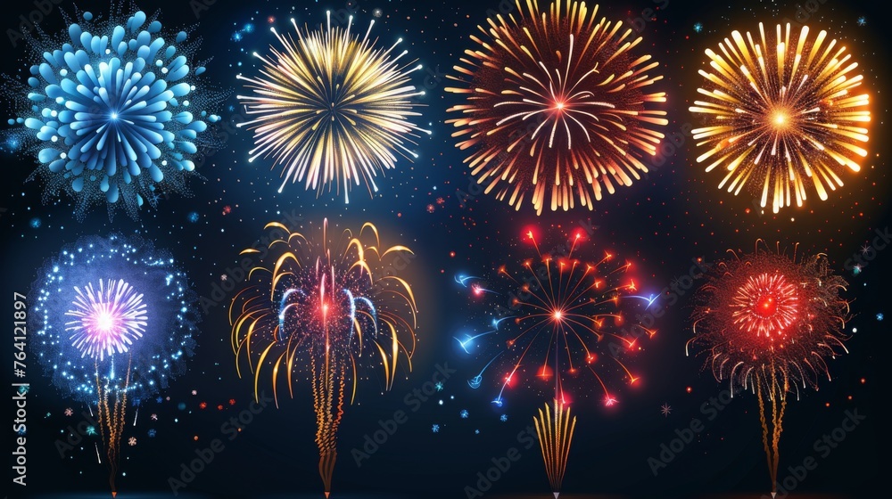 Poster a realistic set of fireworks animated with fun and holiday symbols isolated on a white background
