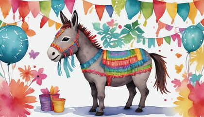 Fototapeta na wymiar Watercolor Illustration Of Donkey Piã±Ata Watercolor With Papel Picado