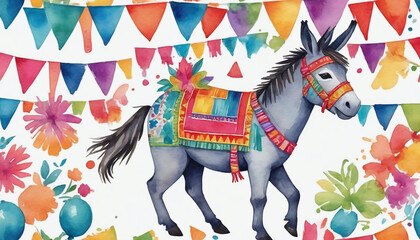 Watercolor Illustration Of Donkey Piã±Ata Watercolor With Papel Picado