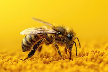 small bee close-up collecting pollen on a yellow background. macro. - obrazy, fototapety, plakaty