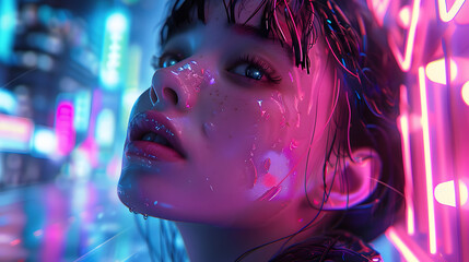 Image focuses on the luminescent neon lights with blurred cables in the foreground creating an abstract technology concept