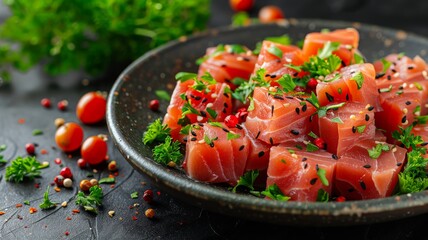 Fresh tuna cubes seasoned with herbs and spices on dark backdrop