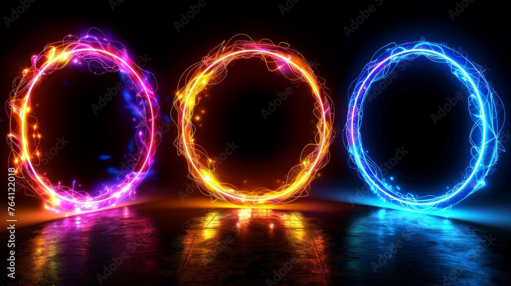Poster A set of round neon color circles with wavy dynamic lines isolated on black background. This could be used for badges, prices, labels, or any other purpose.