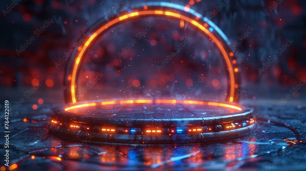 Poster Creating a sky-fi digital hi-tech element for presentation product with circle portals, teleports, hologram gadgets. Blank display, stage, magic portal, podium in futuristic cyberpunk style.