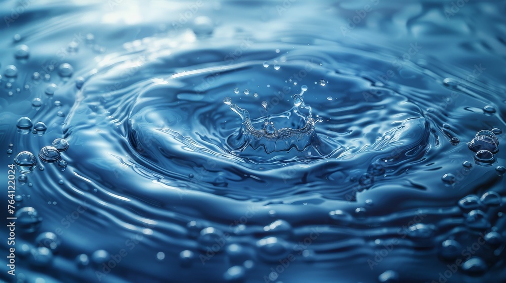 Poster Realistic 3d modern splash motion effect, concentric circles in puddle. Set of round swirls on liquid surface, abstract smooth graphic aqua texture.