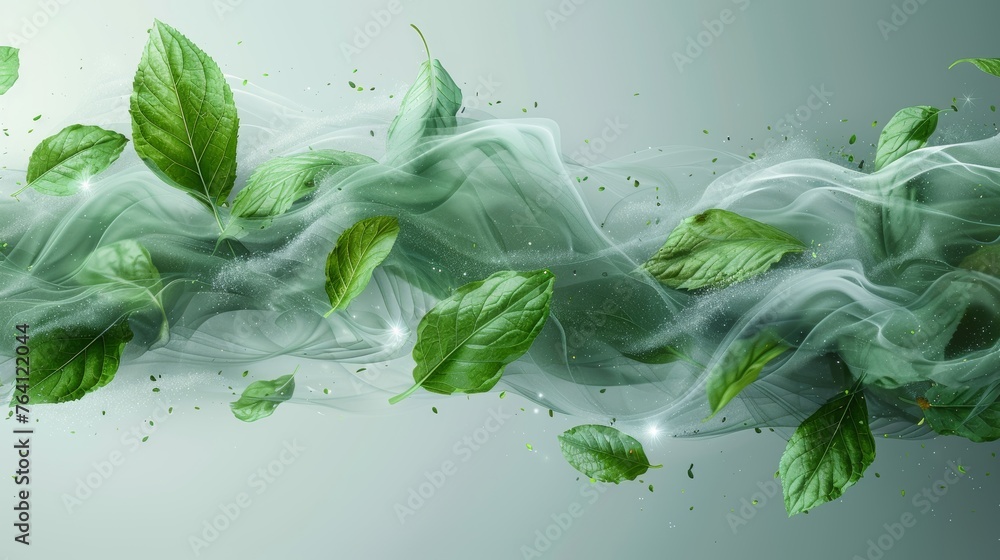 Aufkleber the abstract wind swirl with green leaves and sparkles is isolated on a transparent background. mode