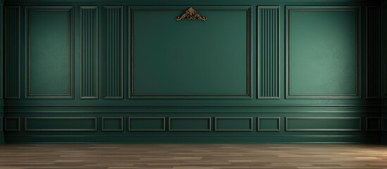 The image features a dark green wall contrasting with wooden flooring