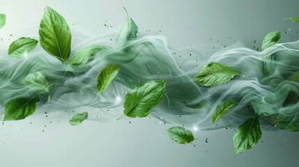 The abstract wind swirl with green leaves and sparkles is isolated on a transparent background. Modern realistic illustration of a flying mint leaf. - obrazy, fototapety, plakaty