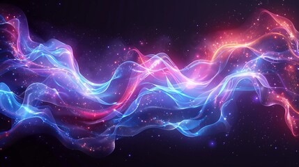 This modern illustration features a neon glow swirl wave, electric light, purple and blue curve lines, cyber technology, and fiber optics isolated over a dark transparent background. - obrazy, fototapety, plakaty