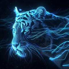 Linework Illustration Blue Neon Tiger with Streamlines moving fast Datastreams created with Generative AI Technology