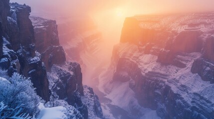 Majestic landscape of rugged lands valley in winter with snow.