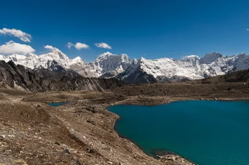 Poster Makalu Alpine lakes, Mounts Lhotse, Makalu, Baruntse and Chukchung Glacier from Kongma La Pass during Everest Base Camp EBC or Three Passes trekking in Khumjung, Nepal. Highest mountains in the world.