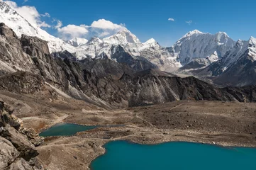 Cercles muraux Lhotse Alpine lakes, Mounts Lhotse, Makalu, Baruntse and Chukchung Glacier from Kongma La Pass during Everest Base Camp EBC or Three Passes trekking in Khumjung, Nepal. Highest mountains in the world.