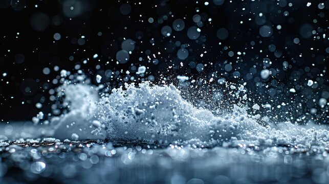 On a black background, white particles overlaid by rain and snow splashes