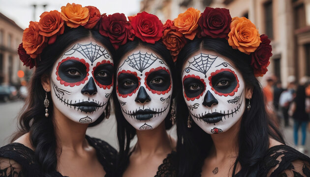 Photo Of Dia De Los Muertos Women With Sugar Skull Makeup