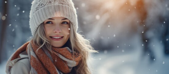 A joyful woman with a hat and scarf is smiling against a snowy background