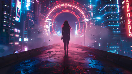 A solitary woman's silhouette walks towards a giant bright portal in a futuristic, cyberpunk influenced cityscape