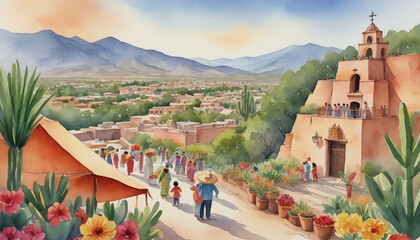 Watercolor Illustration Of Unveiling Mexico'S Cinco De Mayo Traditions And Landscapes - obrazy, fototapety, plakaty