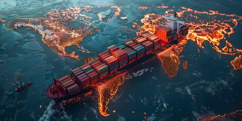 Visualizing Global Trade: A Futuristic Container Ship on a Digital World Map. Concept Global Trade, Futuristic Container Ship, Digital World Map, Visualization, Technology