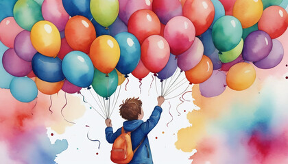 Watercolor Illustration Of Vibrant Balloons And Playful Peeking Person For Festive Promotion