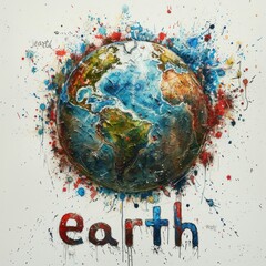 A creative and powerful splattered paint artwork of Earth with the word earth beneath, emphasizing environmental urgency